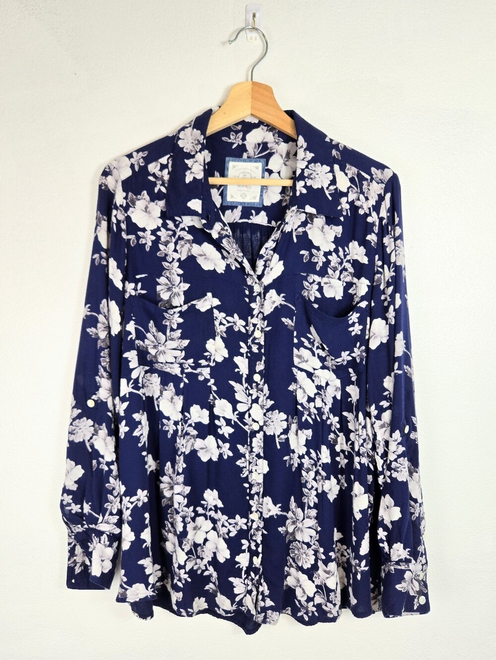 Style & Co Navy Blue Floral Long Sleeve Button Down Shirt Fold Up Sleeves 1X